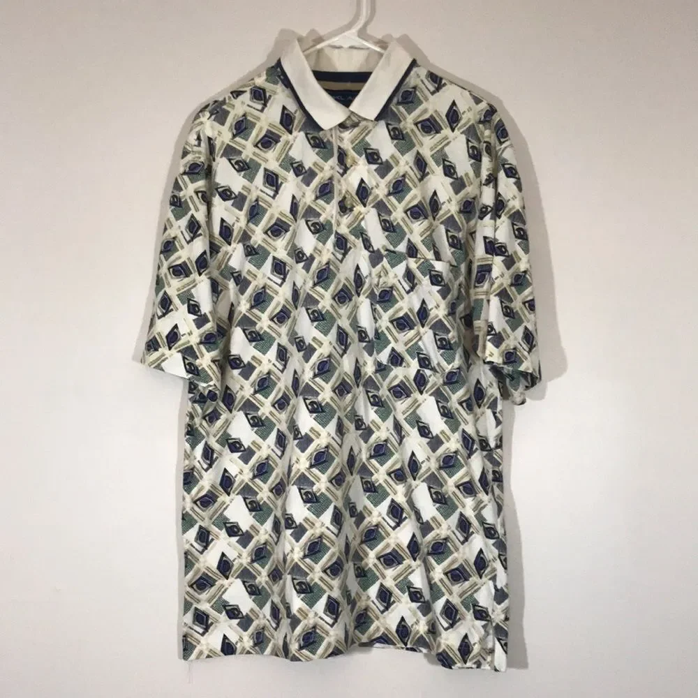 Vintage Nicklaus Men’s Polo Tee 100% Cotton XL Patterned White Blue Green